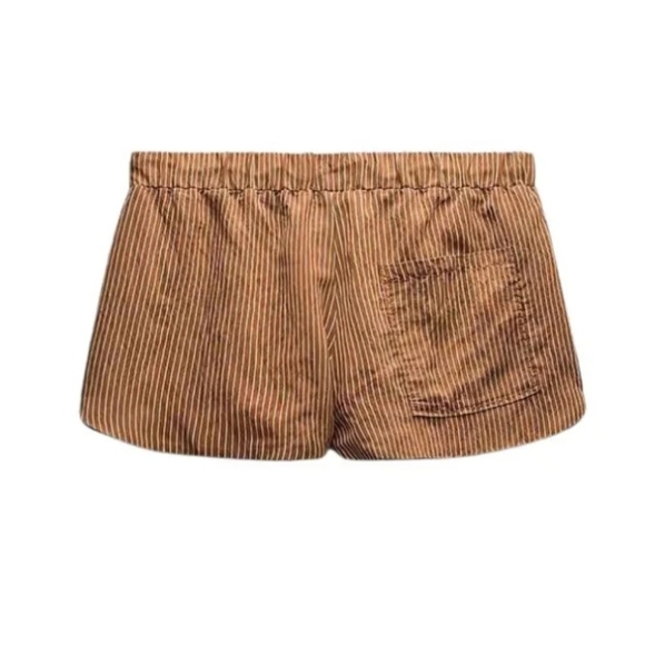 New Zara Striped High Waist Elastic Waistband Brown/Cream Boxer Shorts Medium - Picture 6 of 12